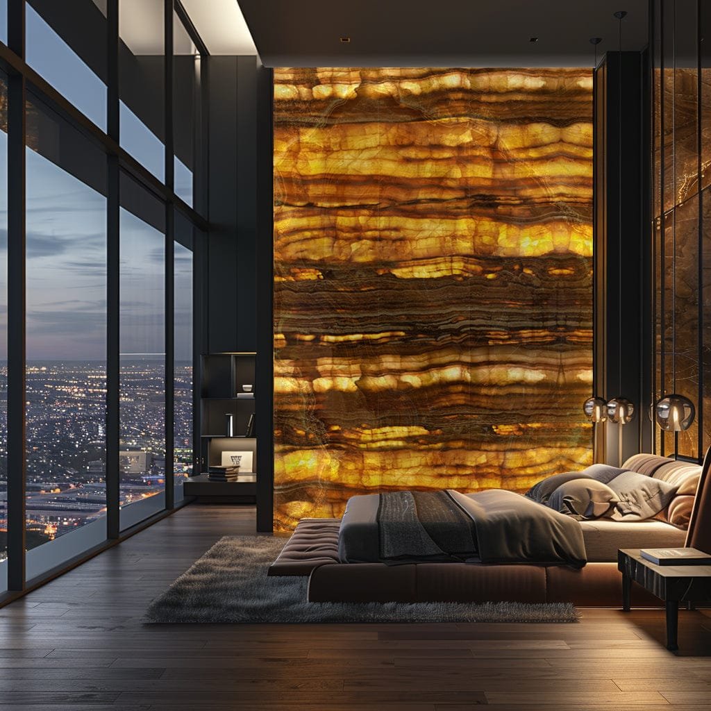 Luxurious bedroom with a dramatic backlit Honey Onyx marble accent wall, floor-to-ceiling windows, and a panoramic city view at dusk.