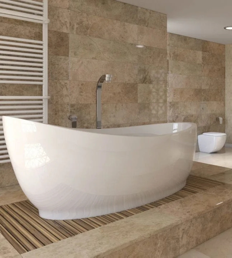 Modern bathroom interior featuring Light Emperador Marble on walls and flooring, with a sleek freestanding white bathtub adding contrast and elegance.