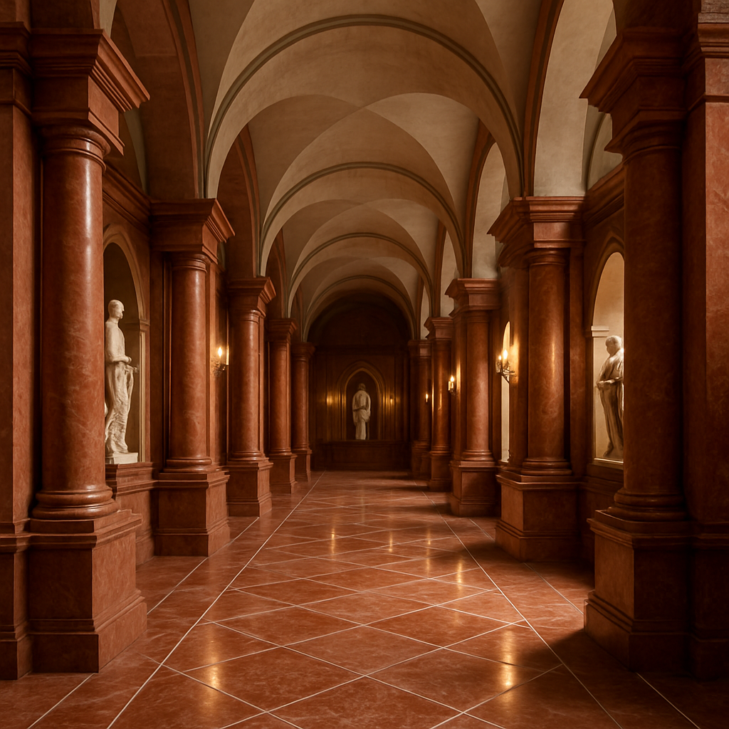 Historic-style corridor with vaulted ceilings and Red Travertine flooring and columns – timeless architectural elegance by Natural Stone Spain