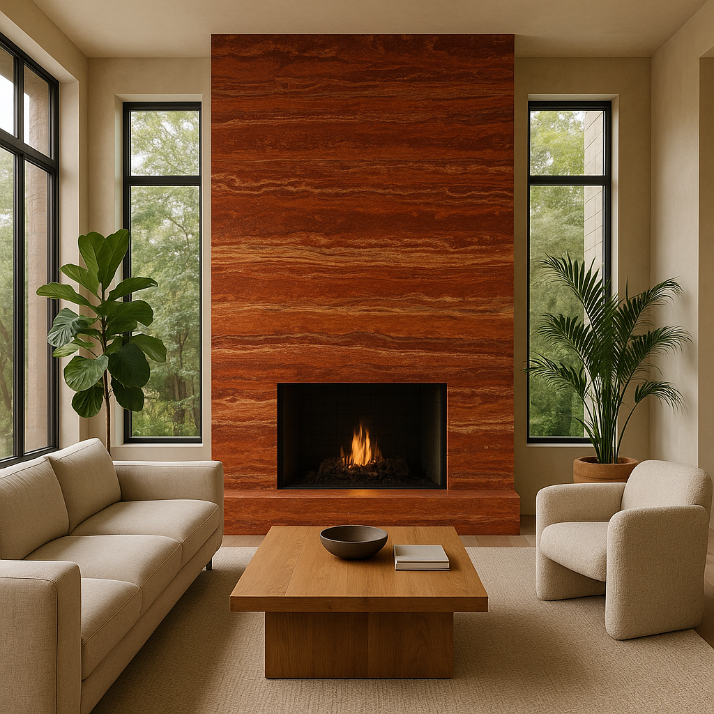 Contemporary living room with a bold Red Travertine fireplace feature wall – warm and striking natural stone by Natural Stone Spain.