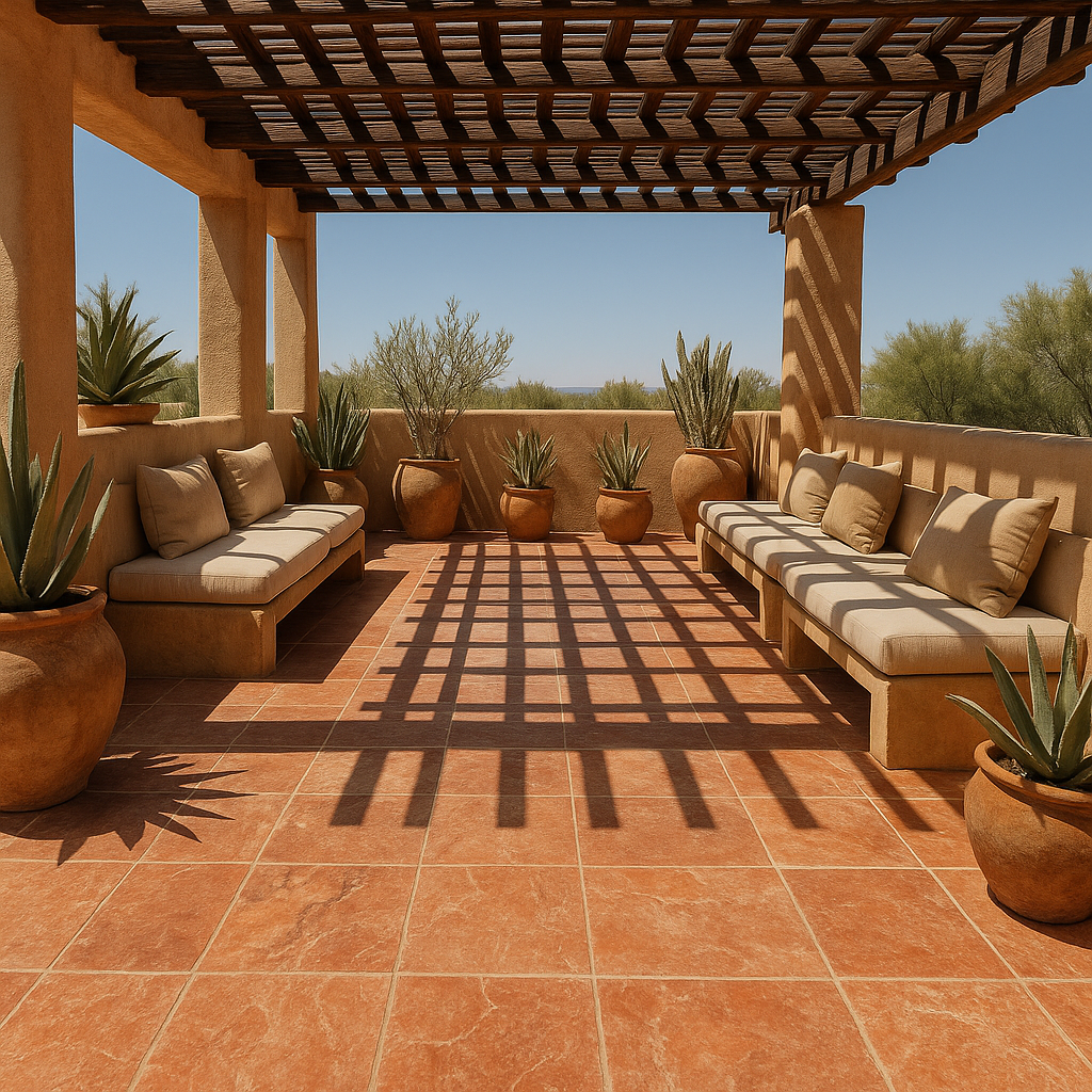 Mediterranean-style terrace with Red Travertine flooring and shaded seating – rustic outdoor elegance by Natural Stone Spain.
