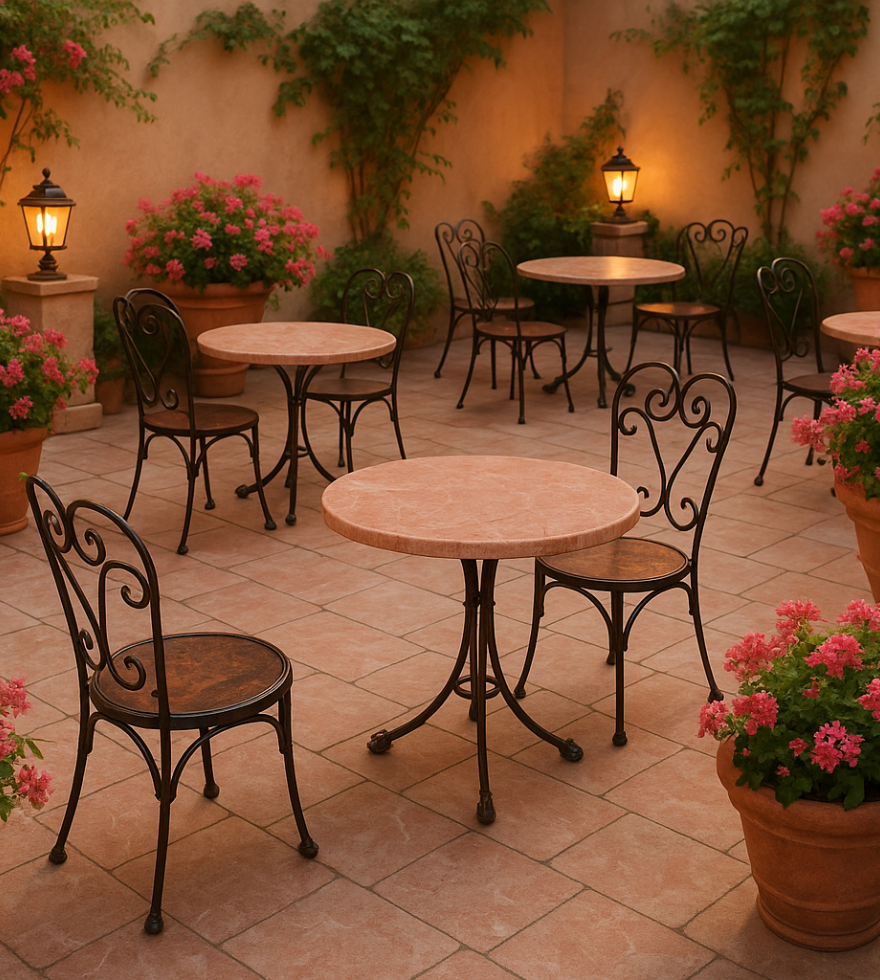 Charming courtyard café with Rosa Zarci marble tabletops and paved flooring – romantic natural stone ambiance by Natural Stone Spain