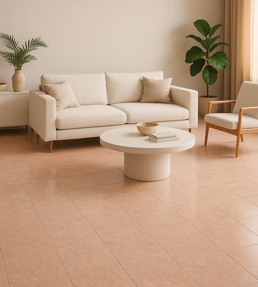 Modern living room with soft-toned Rosa Zarci marble flooring – elegant and warm natural stone by Natural Stone Spain.
