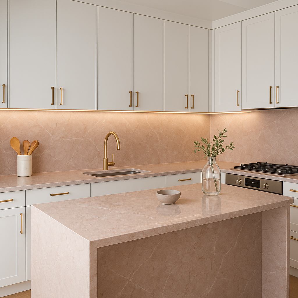 Contemporary kitchen with Rosa Zarci marble island and backsplash – soft pink elegance and seamless design by Natural Stone Spain