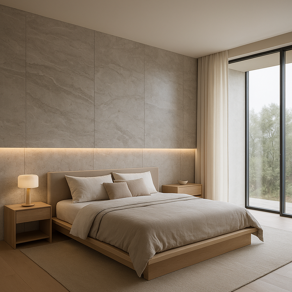 Minimalist bedroom featuring Silver Travertine accent wall – modern and serene interior design by Natural Stone Spain
