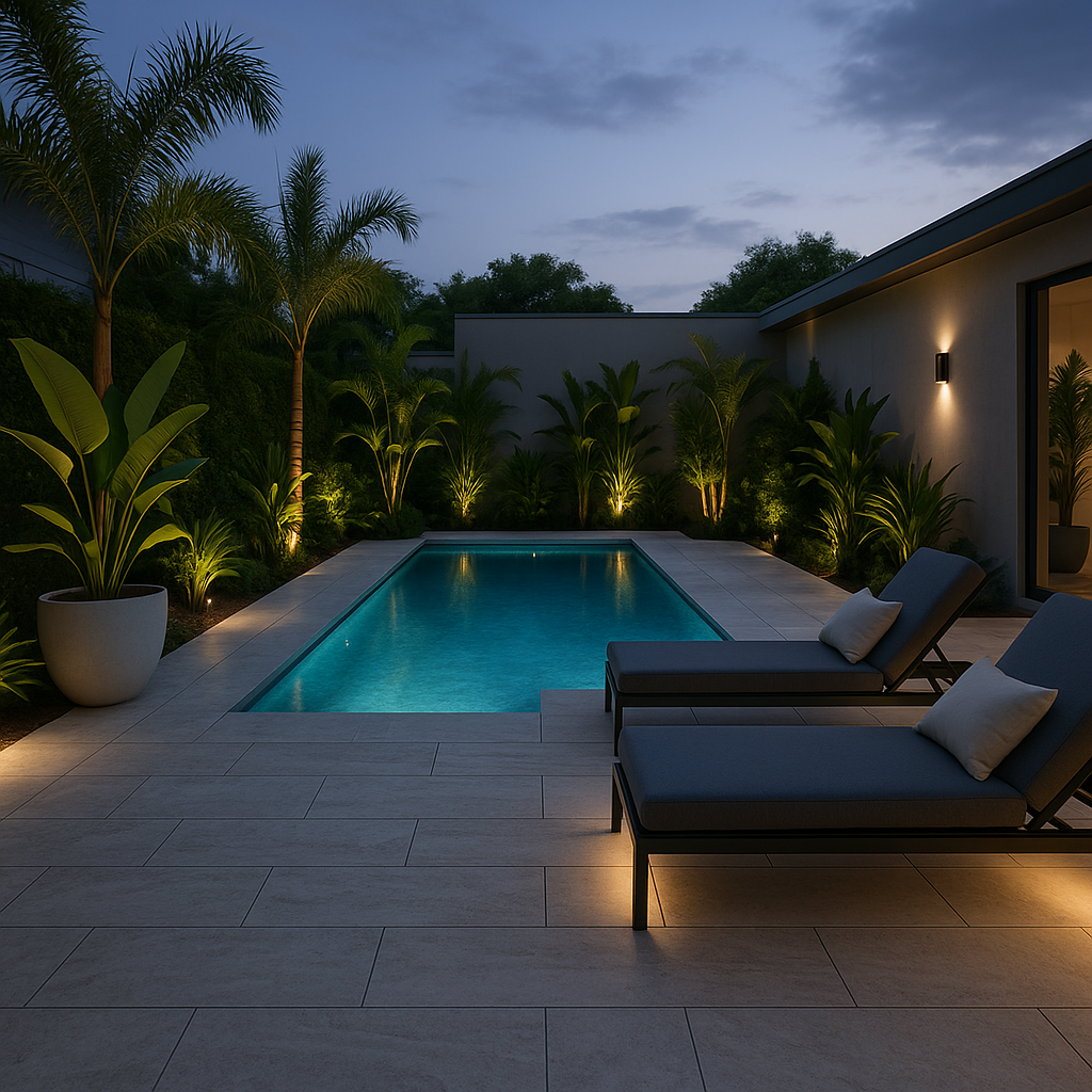 Elegant outdoor pool area with Silver Travertine tile flooring – modern landscape design with natural stone by Natural Stone Spain.