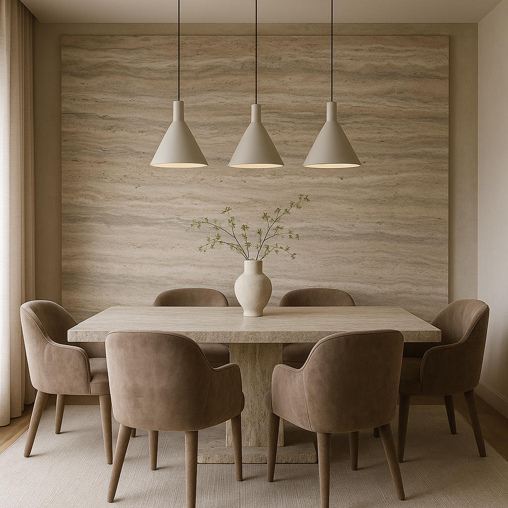 Modern dining room featuring Silver Travertine accent wall and table – elegant natural stone interior by Natural Stone Spain.