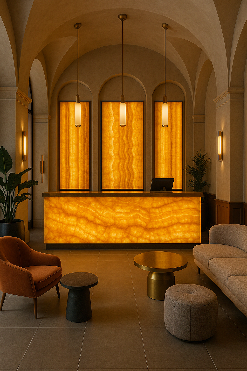 Elegant hotel reception area featuring a backlit Honey Onyx marble counter and wall panels, creating a warm, luxurious ambiance.