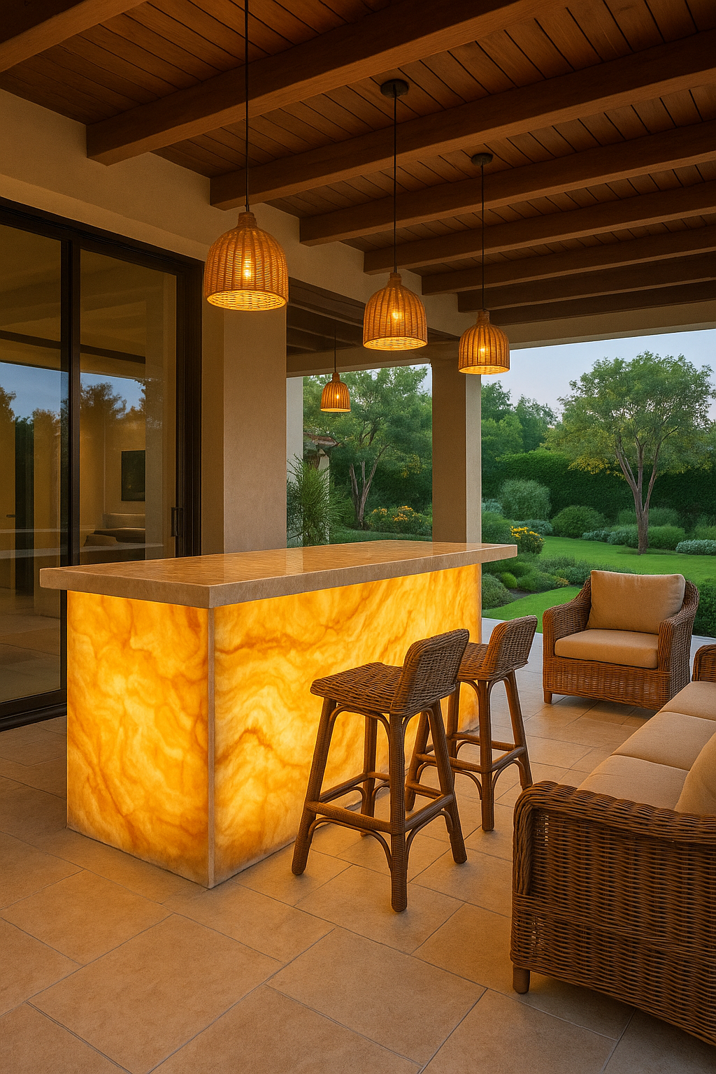 Outdoor patio bar with a glowing Honey Onyx marble counter illuminated from within, surrounded by wooden stools and wicker lounge furniture under a wooden pergola.