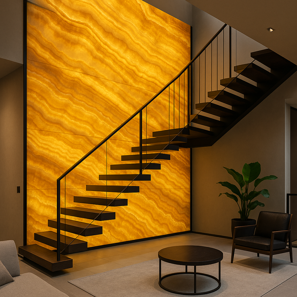 Modern interior staircase with a dramatic Honey Onyx marble feature wall backlit to highlight its golden veins, creating a luxurious ambiance.