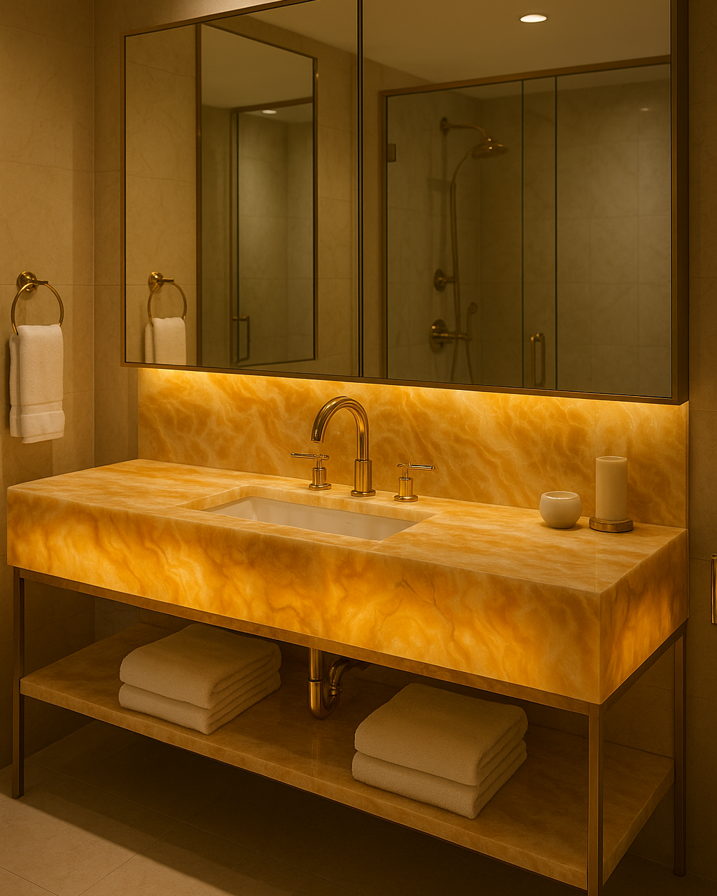 Elegant bathroom vanity with a glowing Honey Onyx marble countertop and backsplash, softly illuminated to emphasize its natural amber tones.