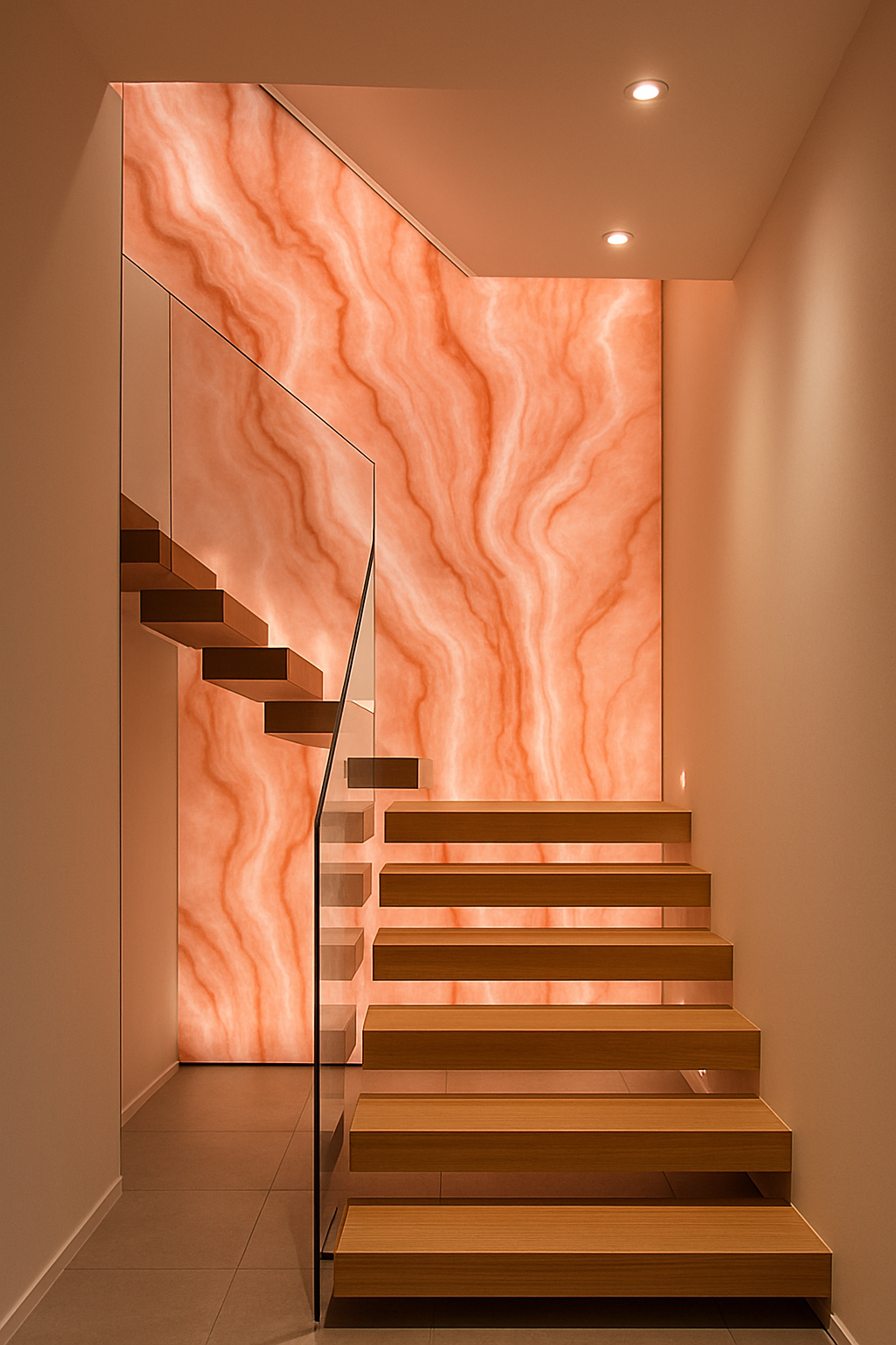 Modern staircase with floating wooden steps and a dramatic backlit Pink Onyx marble wall, creating a luxurious focal point in the hallway