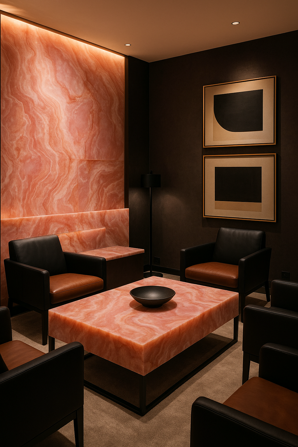 Luxurious lounge with dark walls and black seating, highlighted by a glowing Pink Onyx marble wall and matching center table, creating a warm and inviting ambiance.