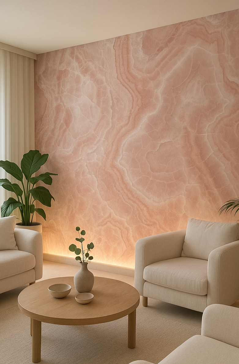 Elegant living room featuring a large wall clad in Pink Onyx marble with flowing patterns, complemented by soft beige armchairs, a wooden coffee table, and warm ambient lighting.
