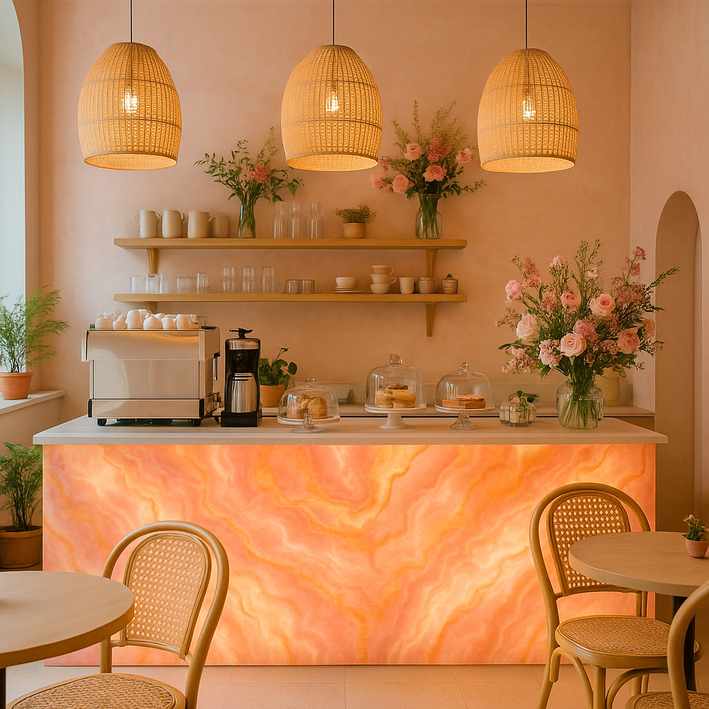 Chic café interior with a luminous Pink Onyx marble counter, rattan pendant lights, and pastel décor, creating a soft and inviting atmosphere