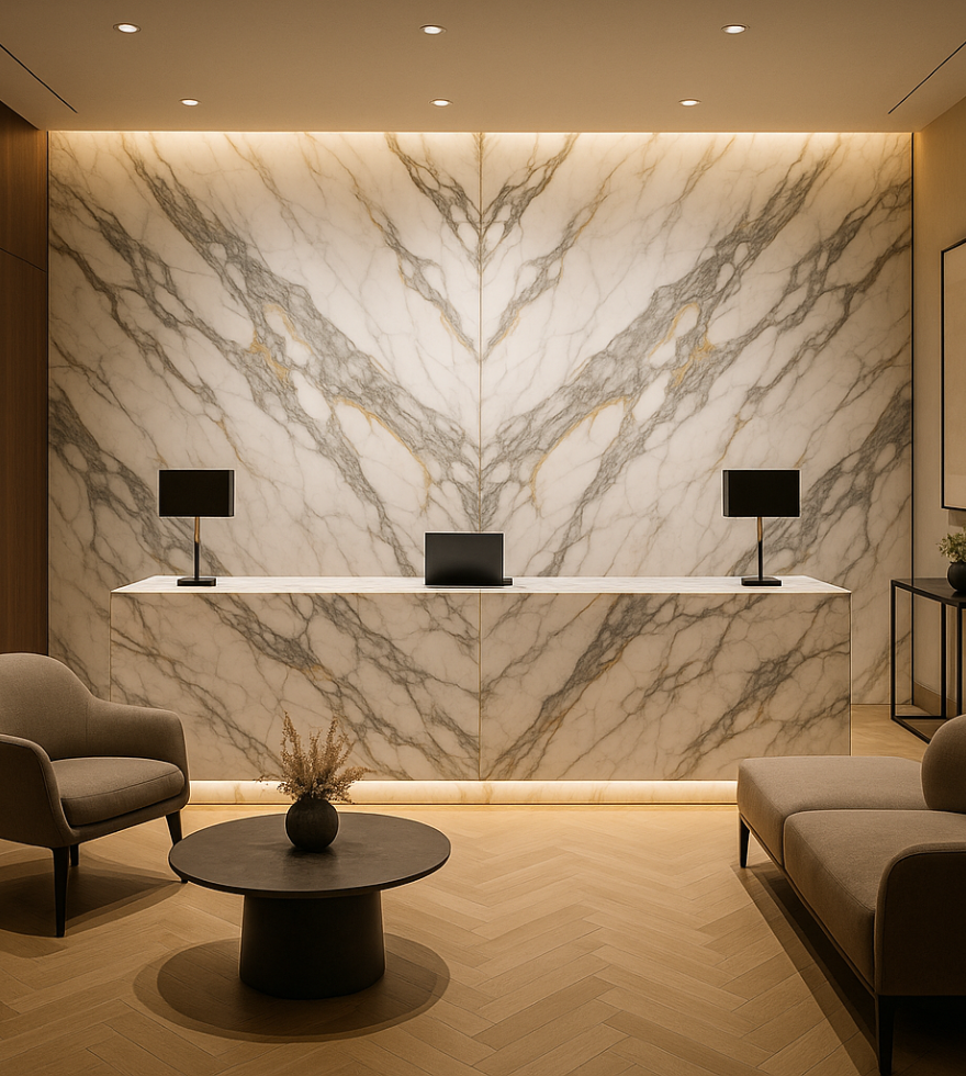 Elegant reception area with a striking bookmatched White Calacatta Marble feature wall, warm ambient lighting, modern furniture, and a minimalist white desk with black lamps.