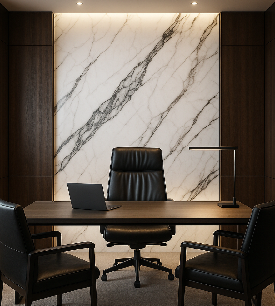 Modern executive office featuring a bold White Calacatta Marble accent wall with dramatic black veining, paired with dark wood finishes, a leather chair, and a sleek desk setup.