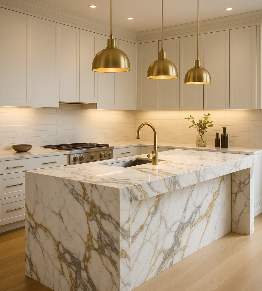 Luxurious kitchen interior featuring a striking White Calacatta Marble island with bold gold veining, complemented by gold pendant lighting, white cabinetry, and warm under-cabinet lighting.