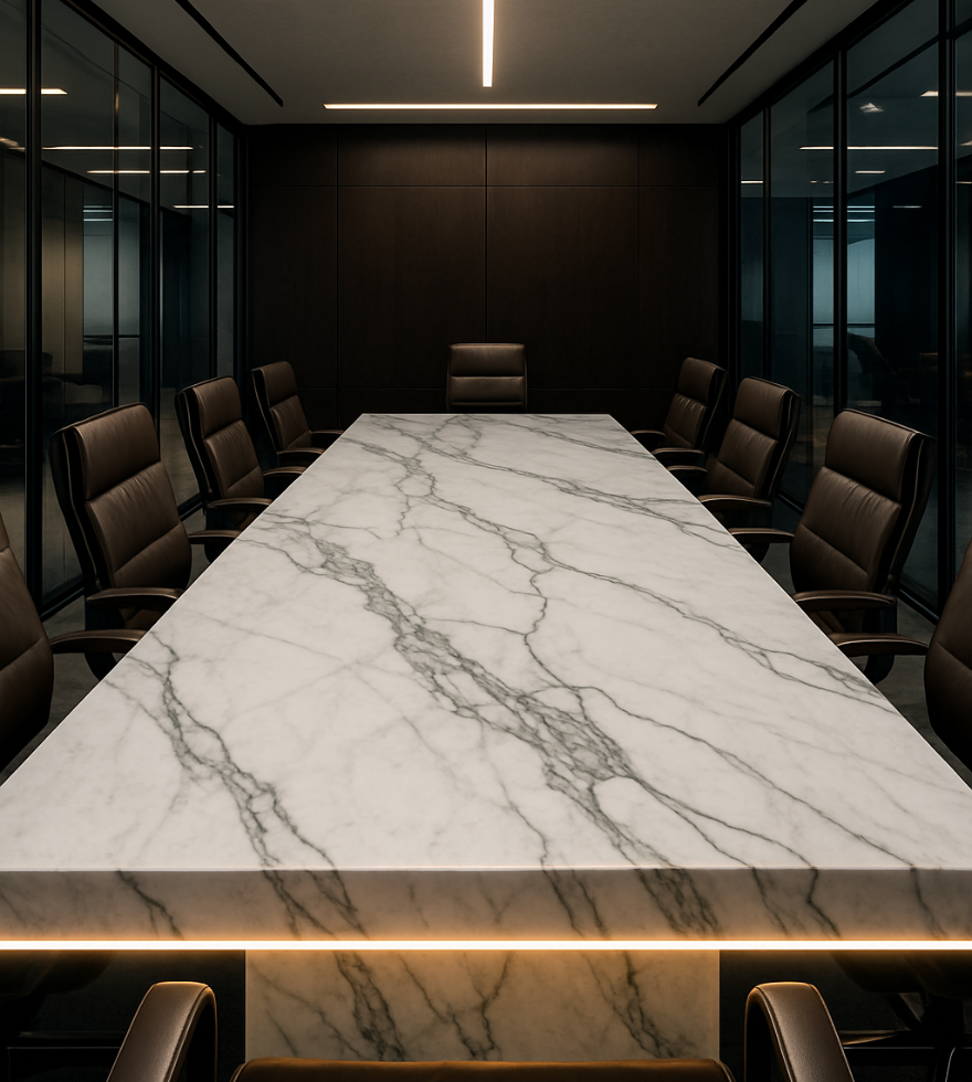 Sophisticated boardroom featuring a large White Calacatta Marble conference table with dramatic veining, surrounded by black leather chairs and modern glass-walled interiors.