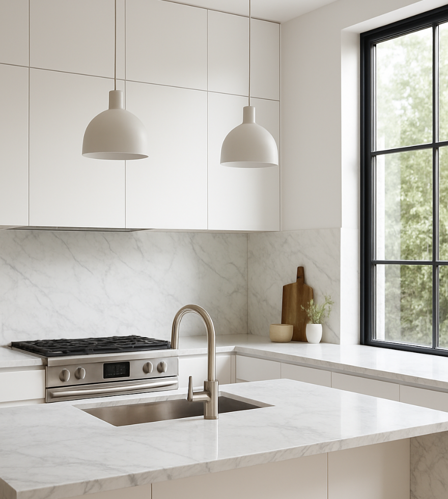 Bright kitchen interior featuring White Carrara Marble countertops and backsplash, accented by pendant lighting, a stainless steel stove, and large black-framed windows.