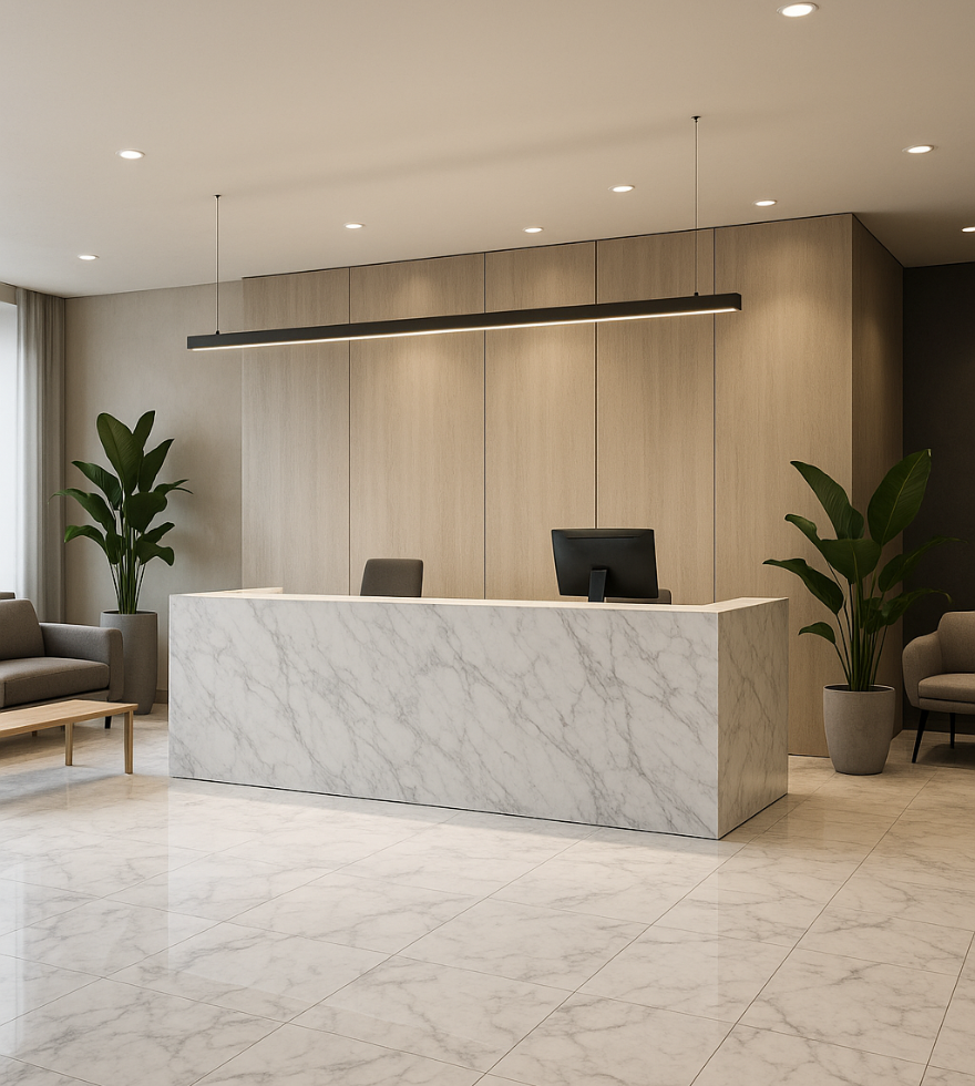 Elegant reception area featuring a sleek White Carrara Marble desk and flooring, complemented by neutral walls, modern lighting, and indoor plants for a welcoming atmosphere.