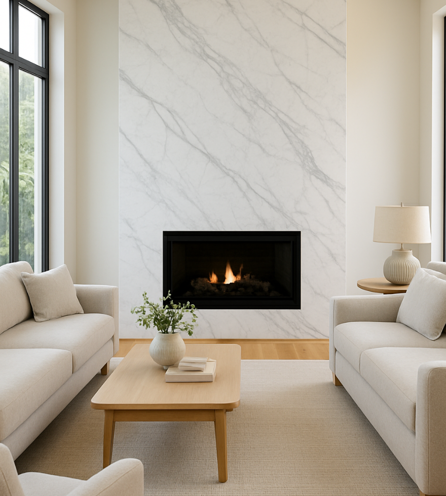 Cozy living room featuring a floor-to-ceiling White Carrara Marble fireplace surround, modern beige sofas, and natural light from large black-framed windows.