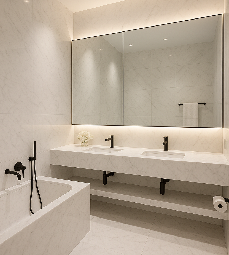 Minimalist bathroom design featuring a floating double vanity and bathtub clad in White Ibiza Marble, with matte black fixtures, soft ambient lighting, and a large mirror.