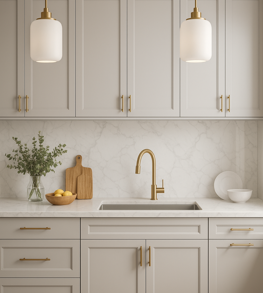 Chic kitchen interior featuring White Ibiza Marble countertops and backsplash, with light gray cabinetry, brass hardware, gold faucet, and pendant lighting for a warm, modern look.