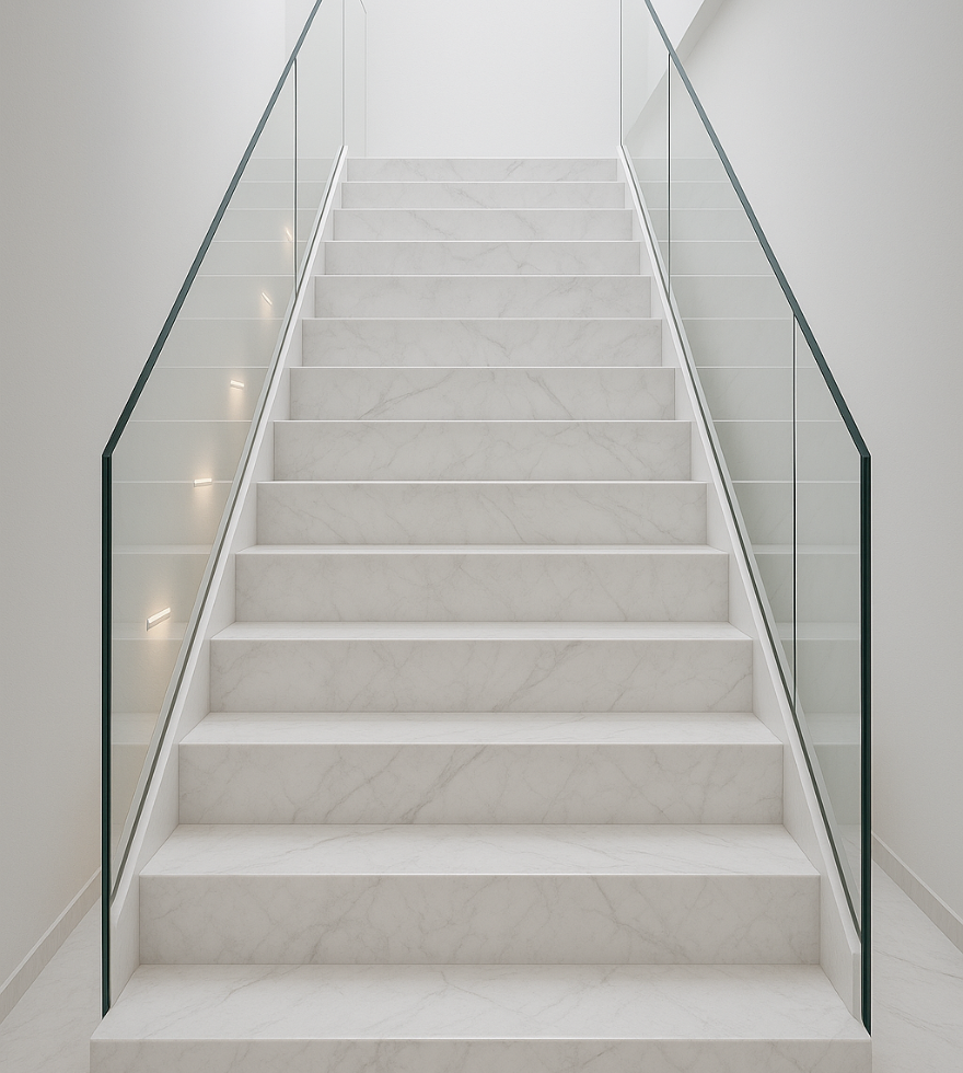 Modern minimalist staircase with sleek glass railings and steps crafted from White Ibiza Marble, illuminated by subtle wall lighting in a bright white interior.