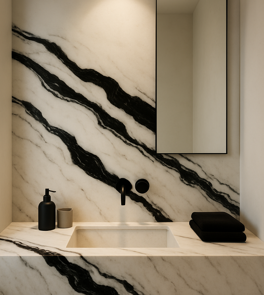 Contemporary bathroom vanity area featuring dramatic White Panda Marble with bold black veining, a minimalist sink design, matte black fixtures, and soft ambient lighting.
