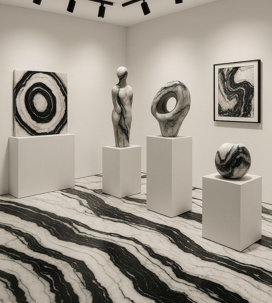 Modern art gallery with striking White Panda Marble flooring featuring bold black veining, showcasing abstract sculptures and monochrome artworks under focused lighting.