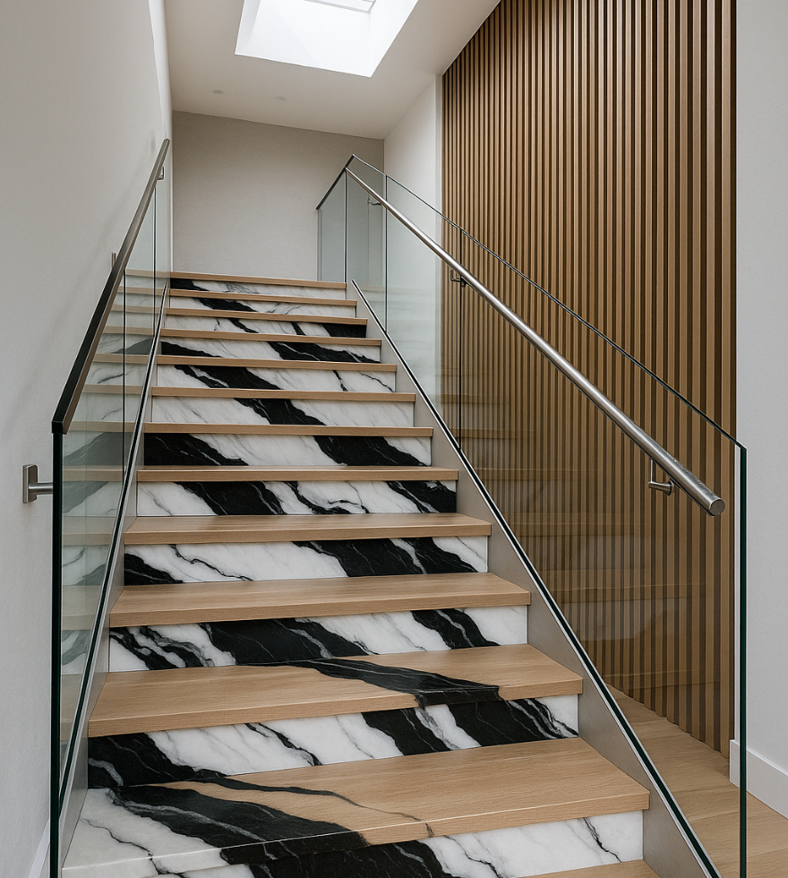 Contemporary staircase design featuring White Panda Marble risers with bold black veining, paired with wooden treads, glass railings, and natural skylight illumination.