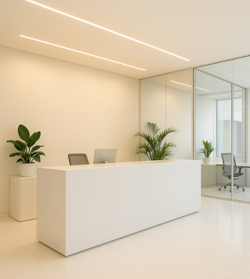 Modern minimalist reception area featuring a sleek White Polaris Marble desk, bright white interiors, glass partition walls, and green indoor plants for a fresh ambiance.