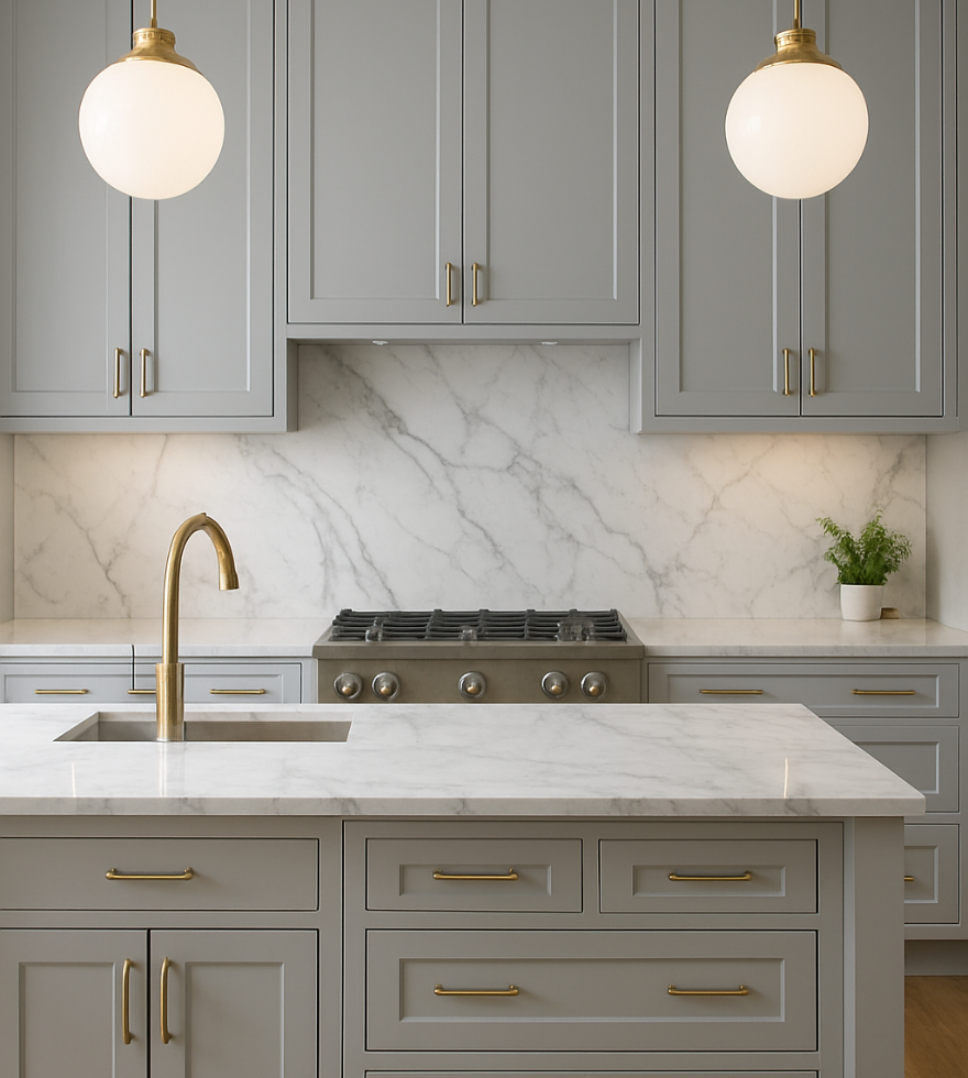 Elegant kitchen interior featuring White Polaris Marble countertops and backsplash, complemented by gray cabinetry, brass hardware, globe pendant lights, and a gold faucet.