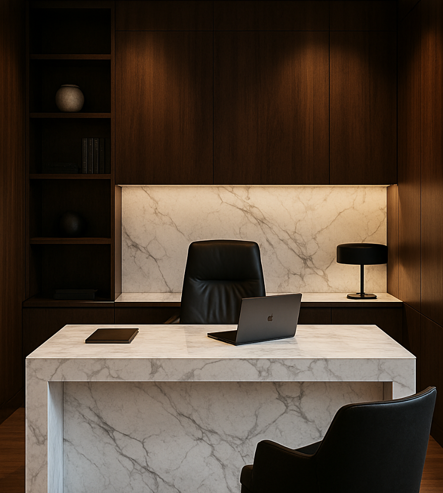 Luxurious executive office featuring a sleek White Polaris Marble desk and matching backsplash, set against rich wooden cabinetry with ambient lighting and modern decor.