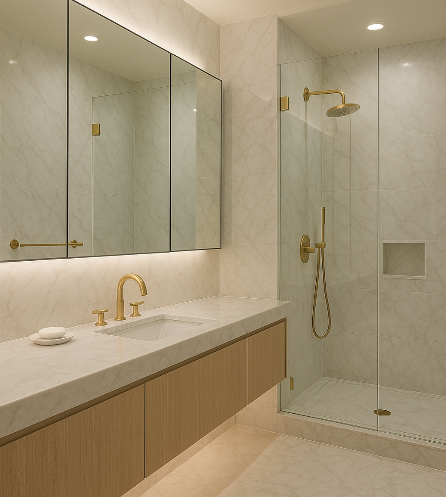 Modern bathroom featuring White Polaris Marble walls and vanity countertop, with gold fixtures, a floating wood vanity, large mirrors, and a sleek glass-enclosed shower.