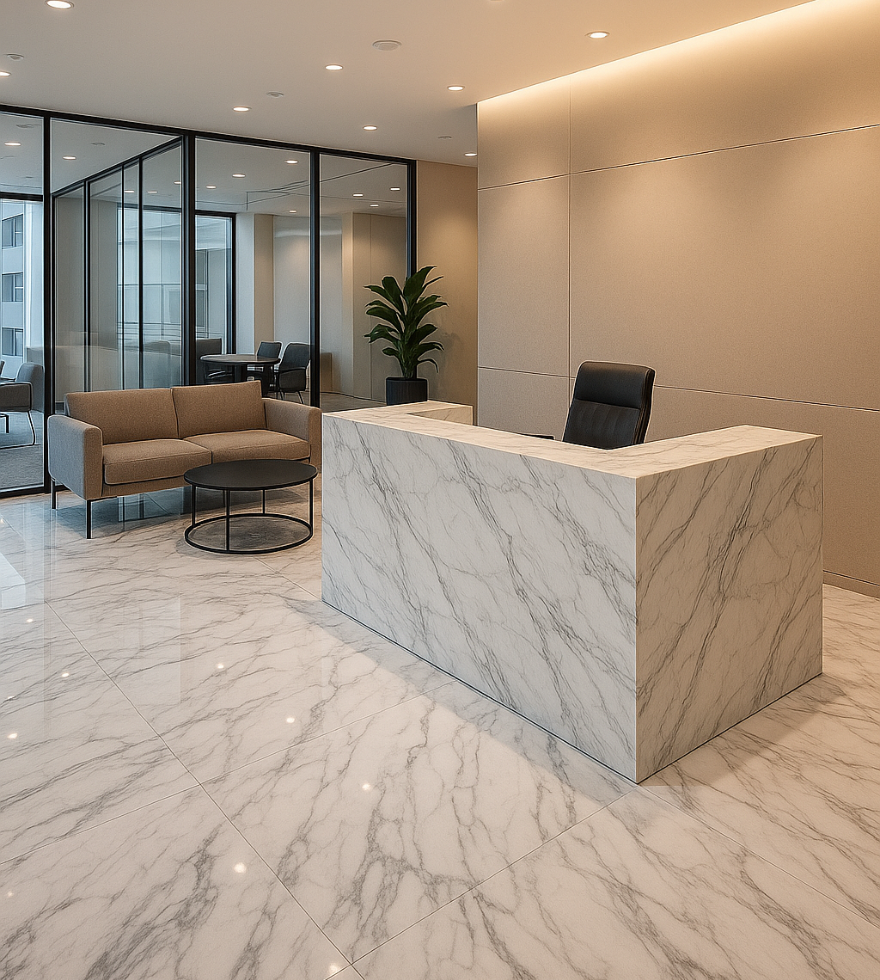 Modern office reception area featuring a sleek White Volaskas Marble desk and matching marble flooring, with glass partitions, warm lighting, and contemporary seating.