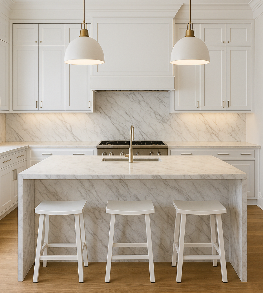 Bright and inviting kitchen featuring a White Volaskas Marble island, backsplash, and countertops, paired with white cabinetry, pendant lighting, and wooden flooring.