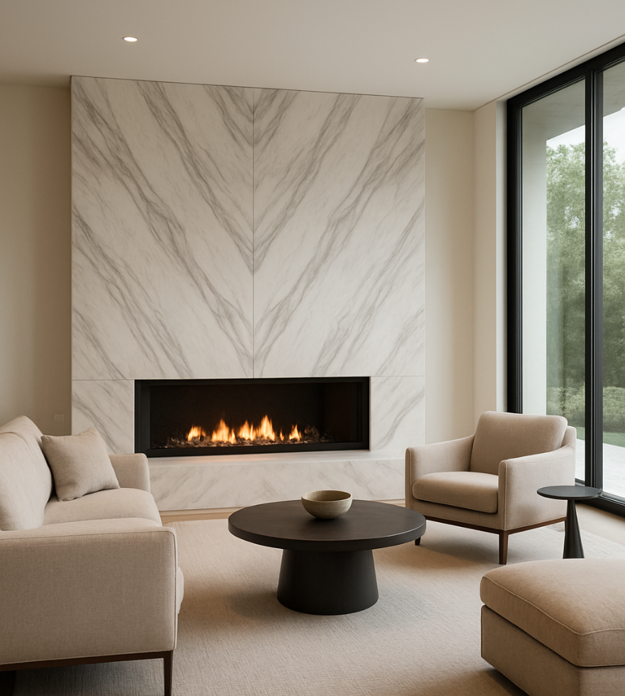 Contemporary living room featuring a sleek linear fireplace set against a striking bookmatched White Volaskas Marble accent wall, with neutral-toned furniture and floor-to-ceiling windows
