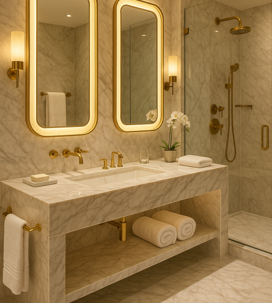 Luxurious bathroom featuring a double vanity with White Volaskas Marble, gold fixtures, illuminated mirrors, and a glass-enclosed shower with matching marble walls.